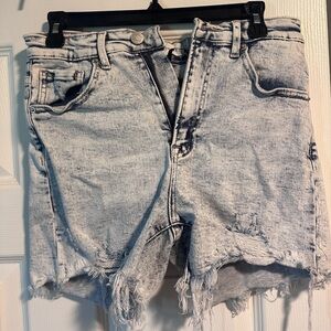 Blue High-Waisted Jean Shorts with Distressed Hem